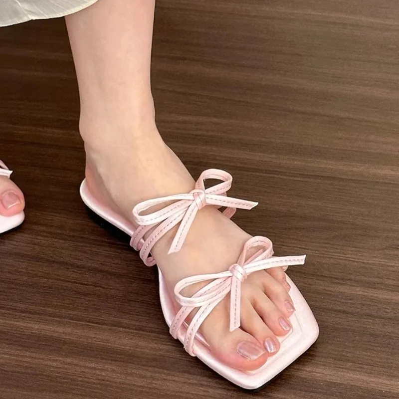 Flat Women's Shoes New Summer Square Head Double Bow Thin with Sandals Lightweight Soft Sole Non-slip Sandals