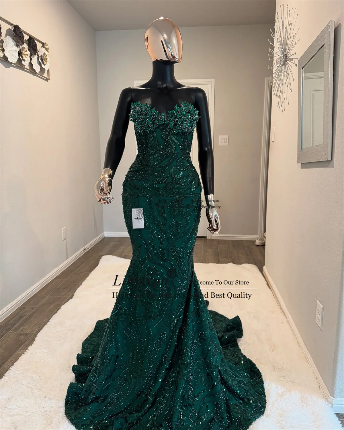 キラキラ輝くスパンコールとラインストーンのプロムドレス、カスタマイズされたマーメイドウェディングパーティガウン、黒人女性向けセクシーなアソエビ、イブニングローブ・ド・ソワレ
