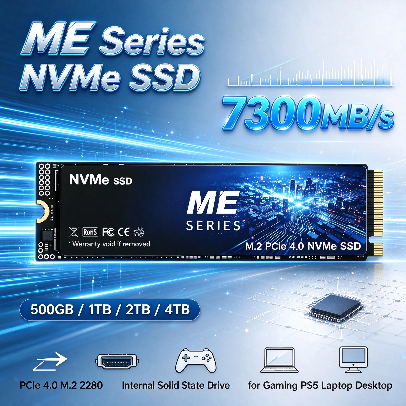 7300MB/s Read ME Series PCIe 4.0 NVMe M.2 SSD for Gaming Laptop, Desktop Computer PS5 Console 1TB 2TB 4TB Capacity Upgrade