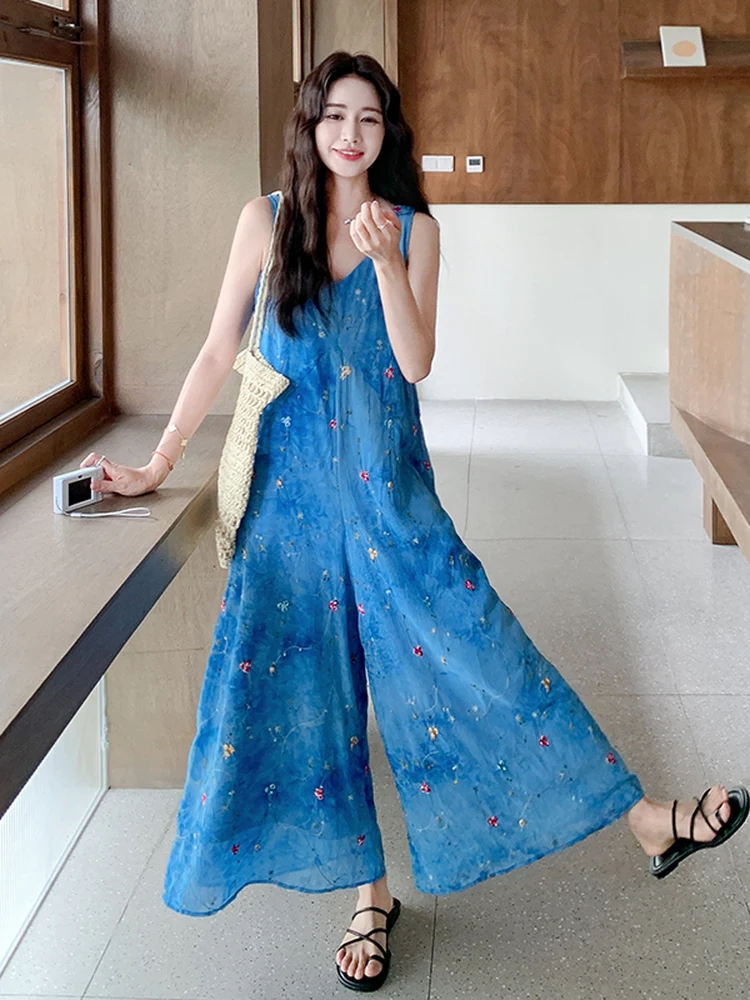 

Blue 3D Flower Embroidery One-Piece Suit Women's Summer New Sle Beautiful Beach Vaion Svel Dr-Pant High Waist W...