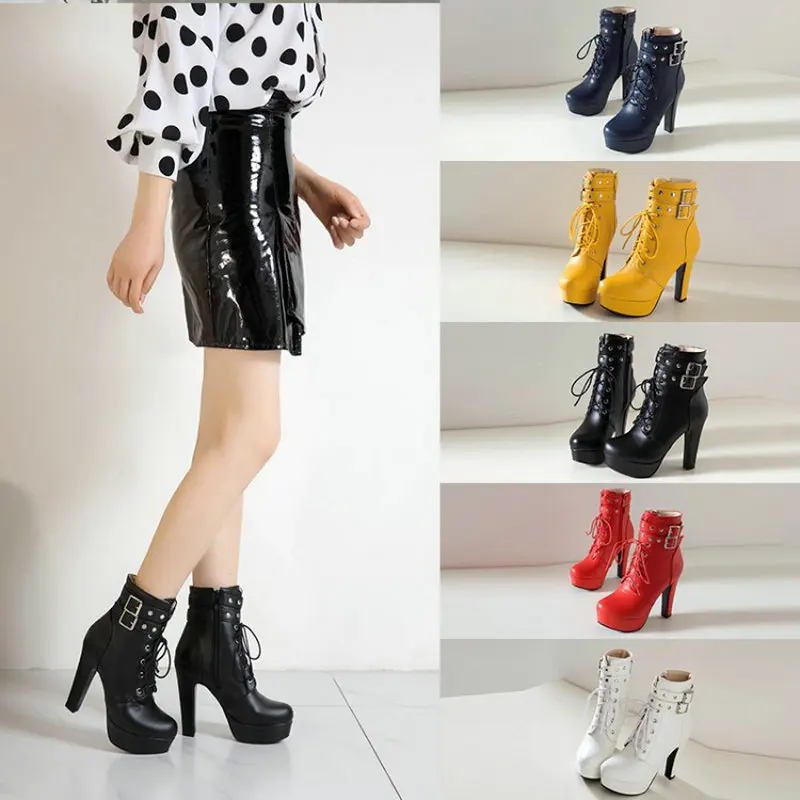 Winter Fur Lined Yellow Red Womens High Heels Ankle Booties Shoes For Big Feet Platform Lace-up Motorcyle Boots Plus Size 49 50