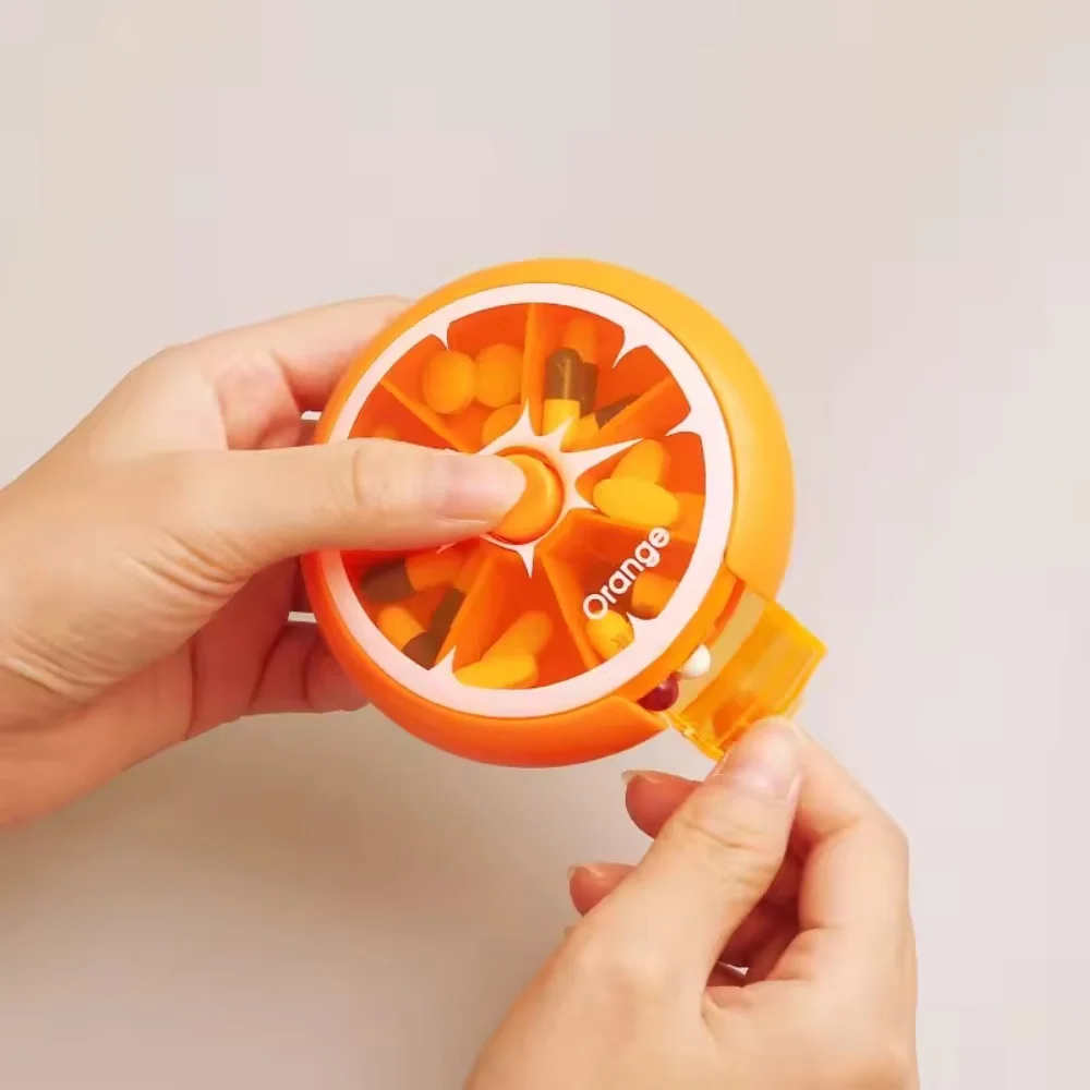 Cute Portable Mini 7 Grids Fruit Shape Pill Box Round Rotating Transparent Medicine Storage Box With Sealed Lid