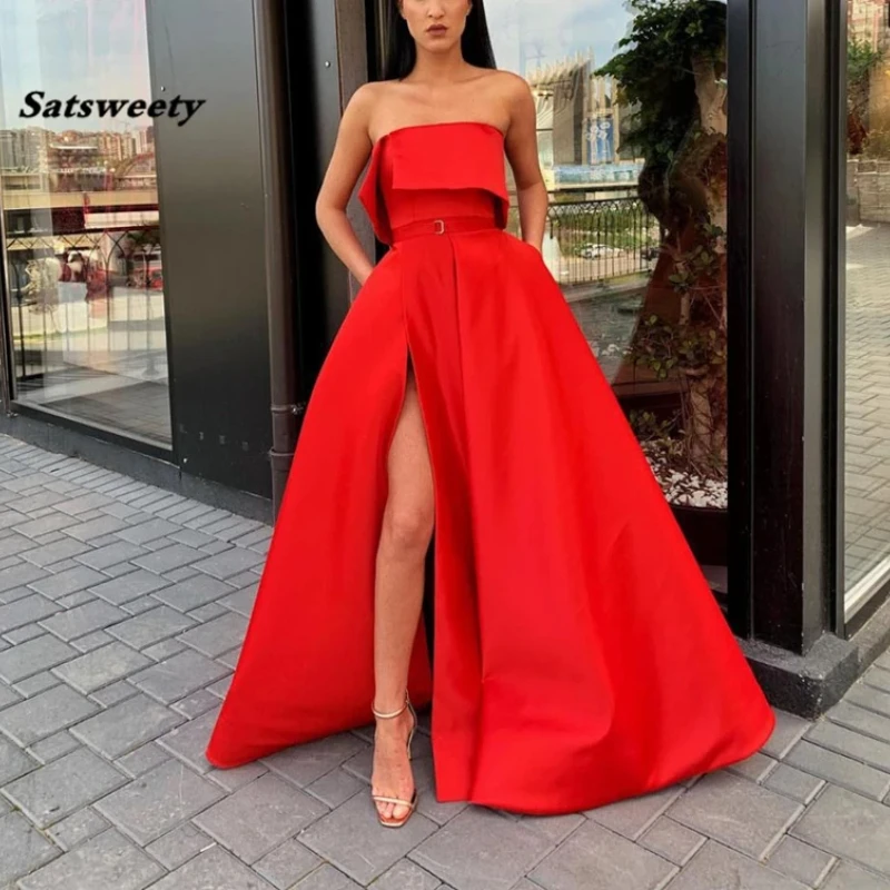 

Robe De Soiree Red Evening Dress Long Satin Side Slit Formal Party Gowns Sleeveless Abiye Gece Elbisesi