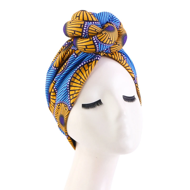 African Pattern Floral Print Knotted Turban Women Chemo Cap Headscarf Beanie Hat Party Wedding Turban Headwear Turbante Mujer