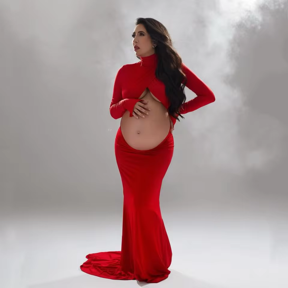 Full Sleeve High Neck Maternity Photography Outfit Bodycon Pregnancy Photo Shooting Maxi Dress - AliExpress