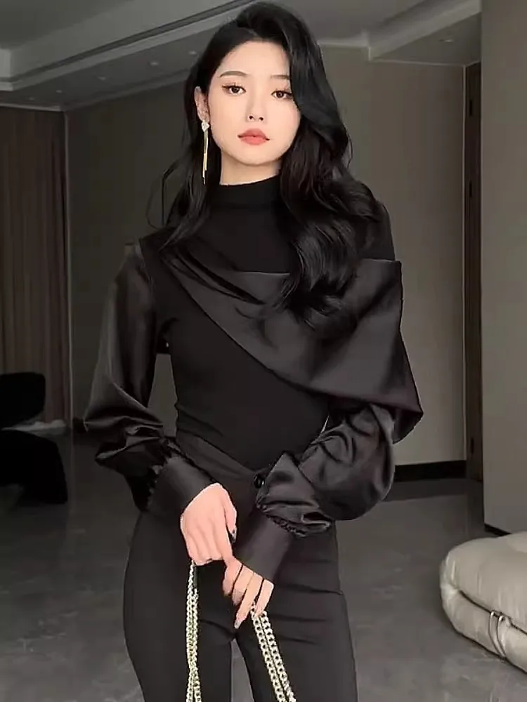 

Long-sleeved shirt women's spring and autumn new fashion splicing design sense niche temperament versatile top