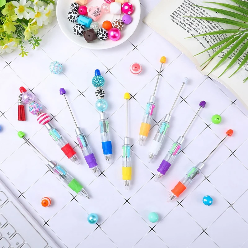 24 PCS Multicolor Beadable Pens 4-In-1 Colored Beads Pen For DIY Making Kit Students Office Retractable Ballpoint Pens Plastic