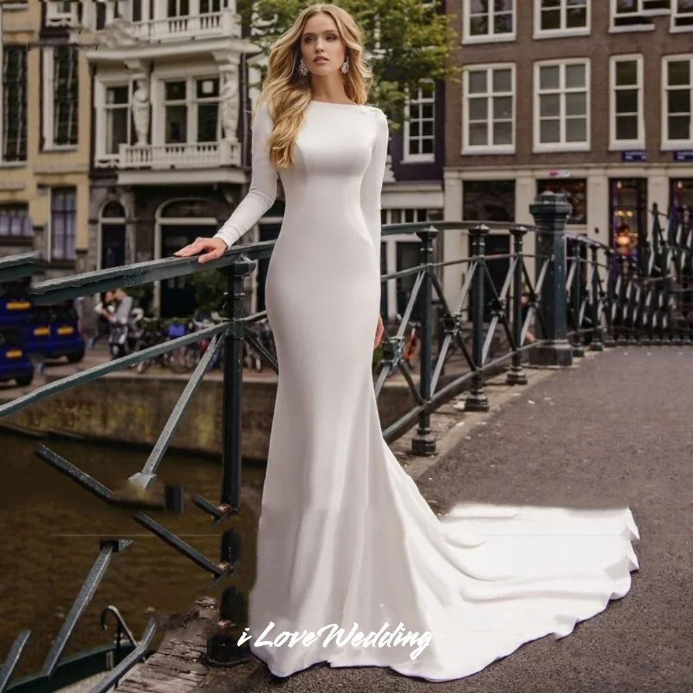 

White O-Neck Wedding Dress 2025 Backless Long Sleeve Pearl Flower Mermaid Arabic Bridal Gowns Muslim Trailing Pleated Customized