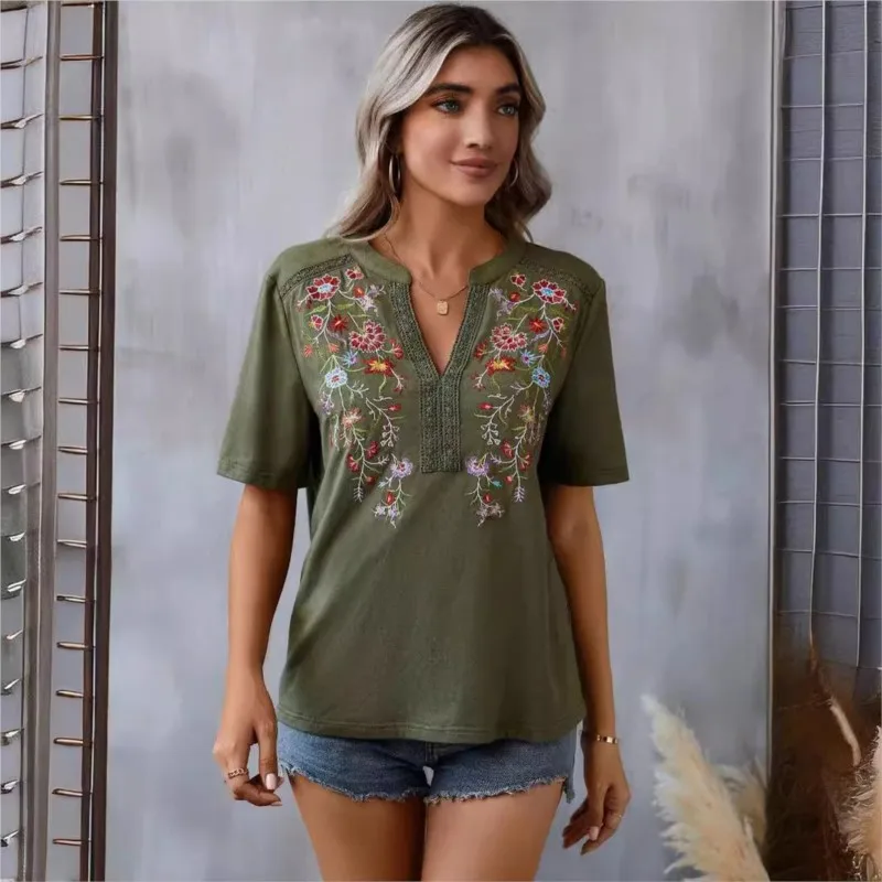 Summer New Fashion Embroidery Spliced Lace Top Women\'s T-shirt Retro Ethnic Style Loose Pullover Blouses Femme Bllusas 2024