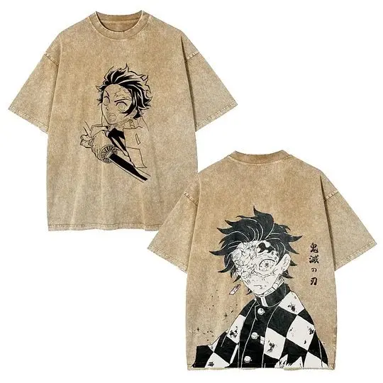 Harajuku Anime T-Shirt für Männer und Frauen Demon Slayer Druck Vintage Gewaschene Baumwolle Streetwear Kurzarm-Shirt Lässiges Oberteil Sommer 2026 Y2k