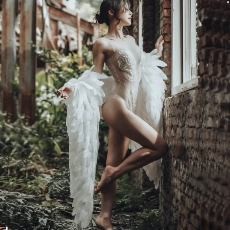 White Large Feather Angel Wing Shawl Dance Photography Prop for Halloween Carnival Party
