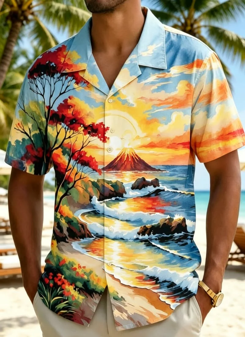 Men's fresh summer style printed shirt, suitable for festivals, celebrations, summer travel, and casual outings