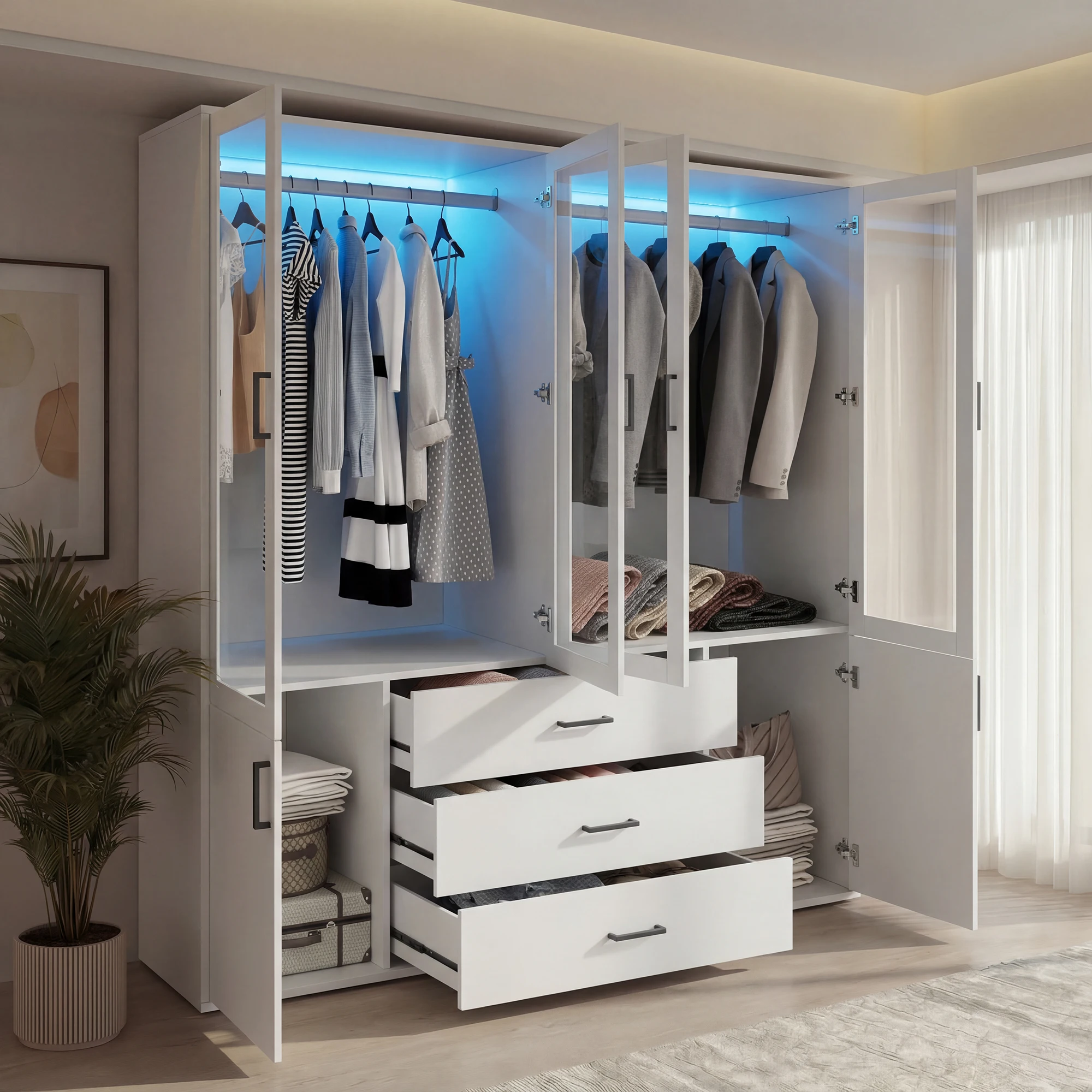 Armoire avec éclairage LED, armoire polyvalente avec portes, armoire avec tringle à vêtements, armoire avec tiroirs, blanche