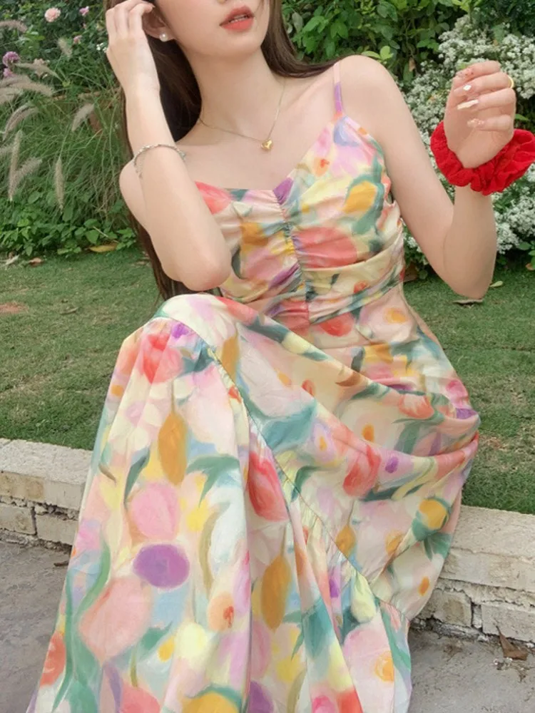 Vestido de gasa con estampado floral de verano ter Ne Long Dr Vaion Sle para mujer, cintura alta, corte en A, silueta Svel