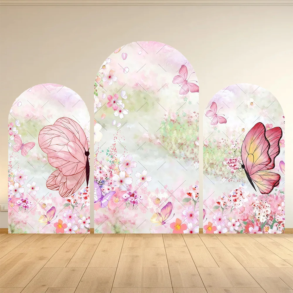 

Girl Butterfly Birthday Arch Backdrop Cover Pink Flowers Butterfly Baby Shower Party Decor Cake Portrait Photography Background