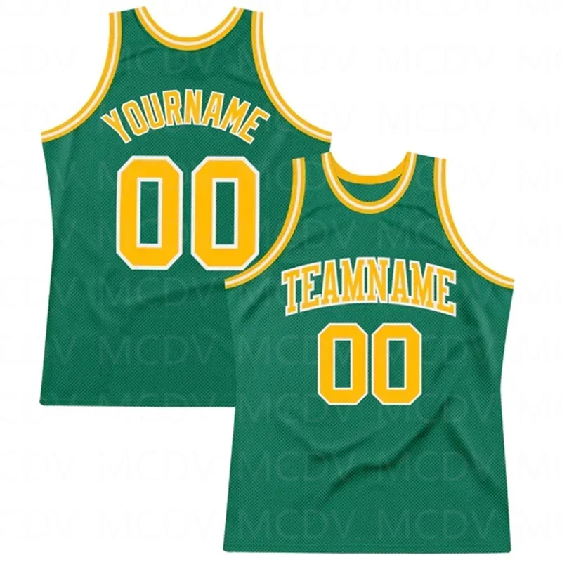 

Custom Kelly Green Gold-White Authentic Throwback Basketball 3D Print Team Name Number Vest Game Practice Clothes Adult/Youth