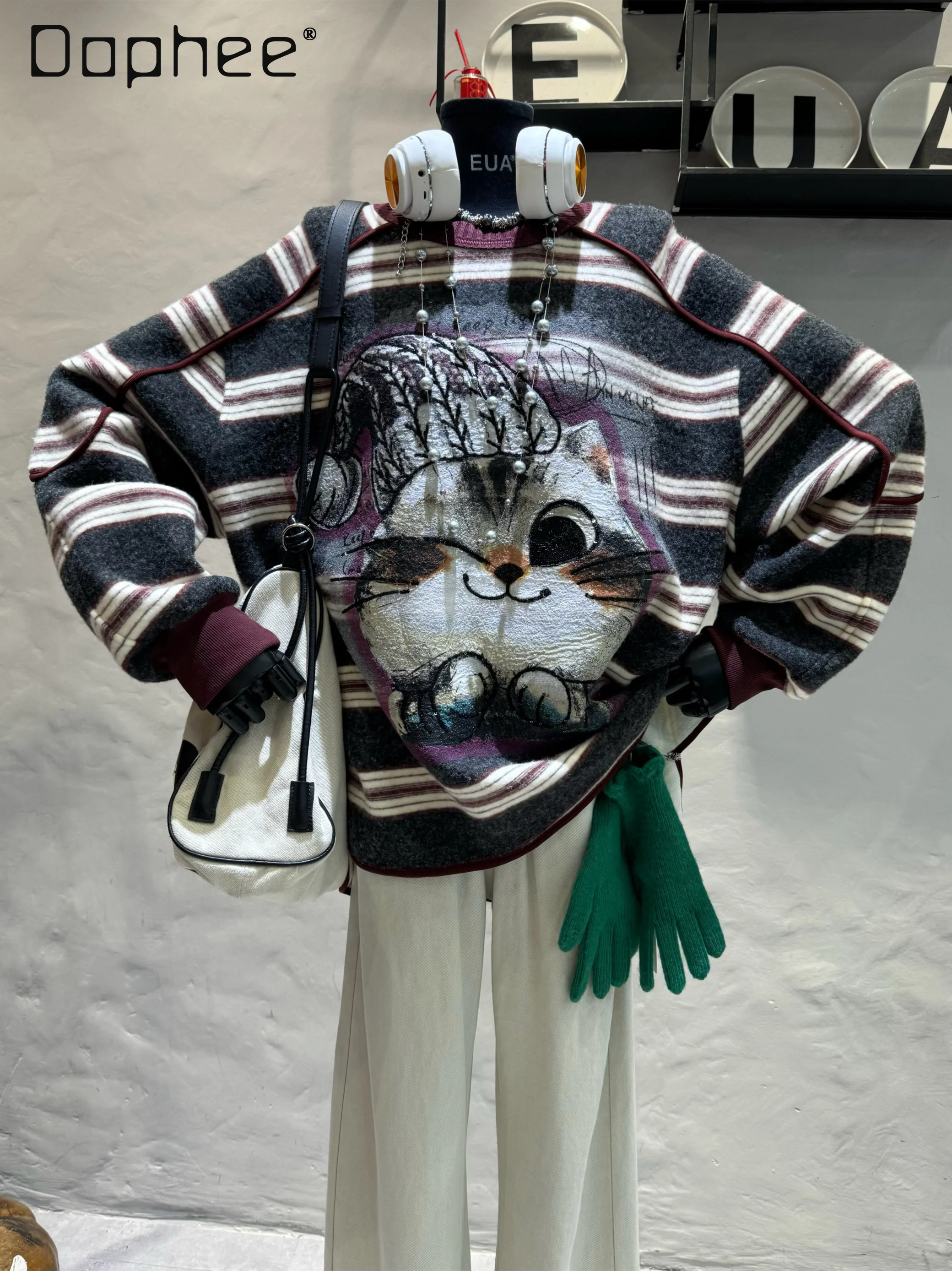 

European Goods Autumn and Winter New Heavy Industry Cartoon Sticker Embroidery Stripes Contrasting Color Loose Sweater Women