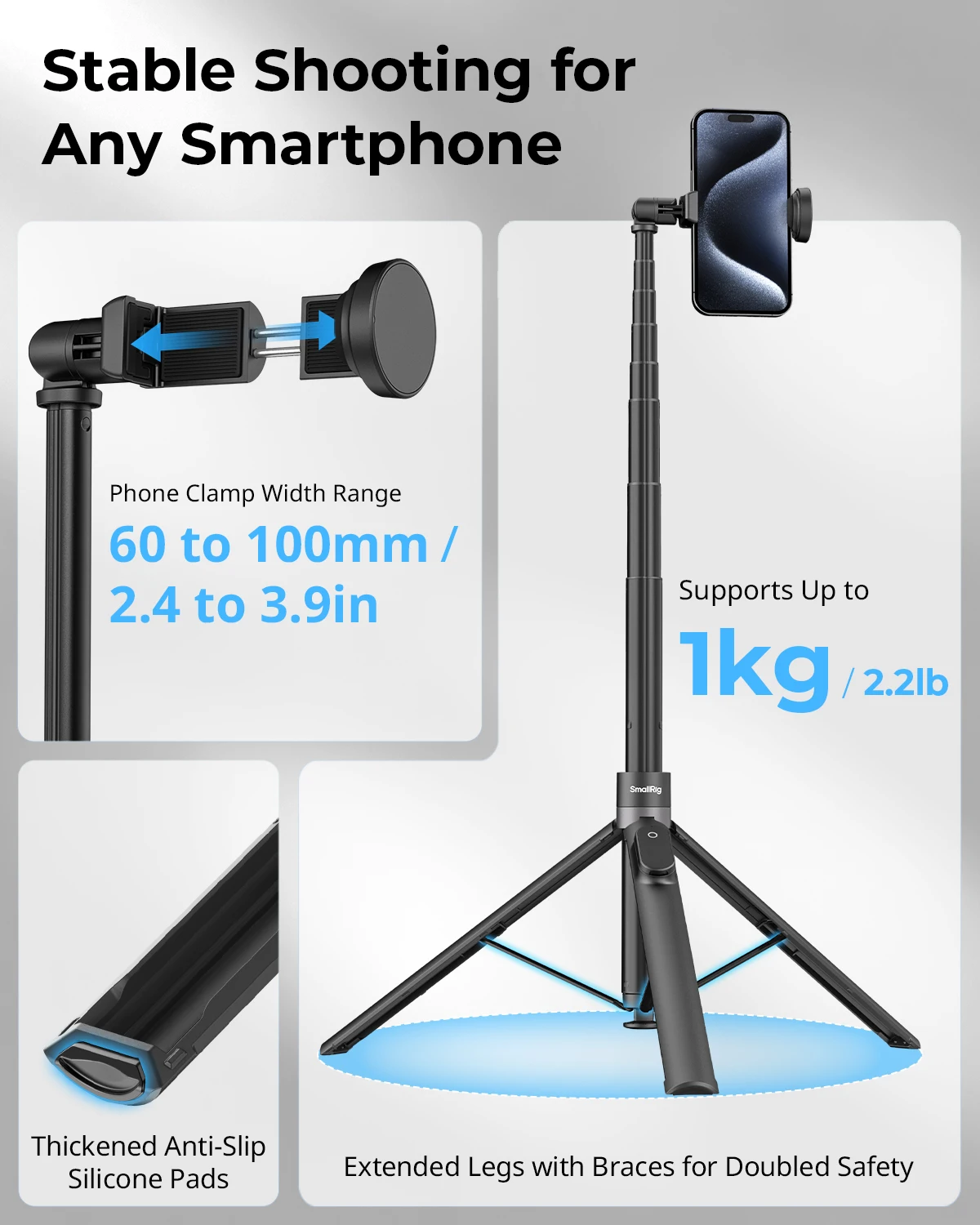 SmallRig ST30 One-Touch Deploy Selfie Stick Tripod Black and White can Choose 33 to 168cm with Remote Control Adjustable Holder