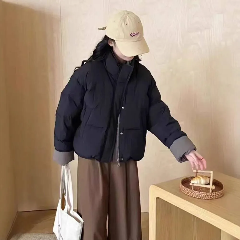 

New Women's Short Puffer Jacket Loose Fit Warm Winter Coat Color Block Design Polyester Fabric Long Sleeve Zipper Closure