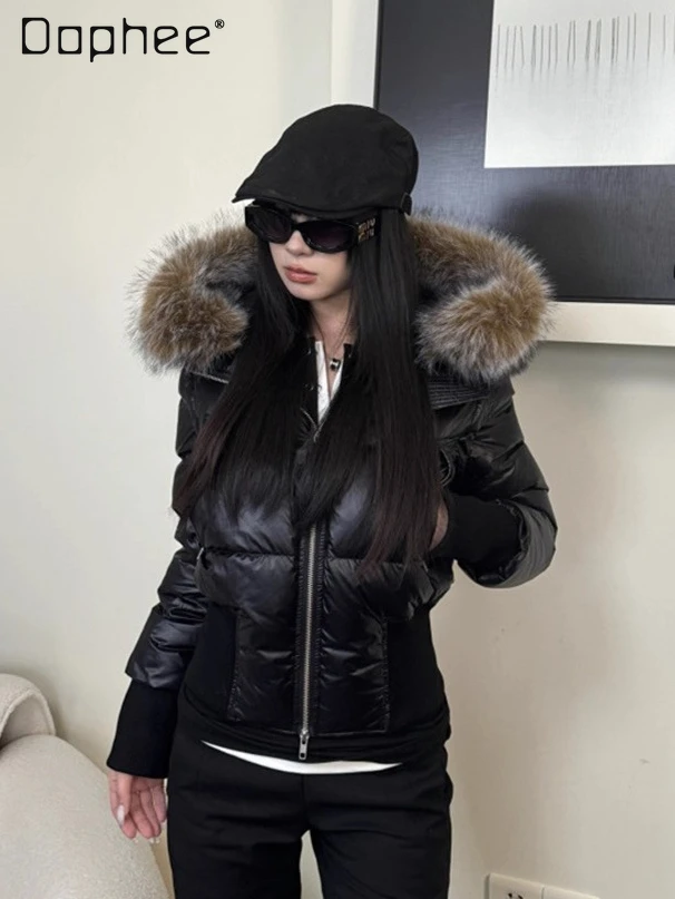 

Black Fur Collar Hooded Down Jackets for Women Thickened Parka Cotton Coat Slim Fit Short Cotton Padded Jacket Autumn Winter