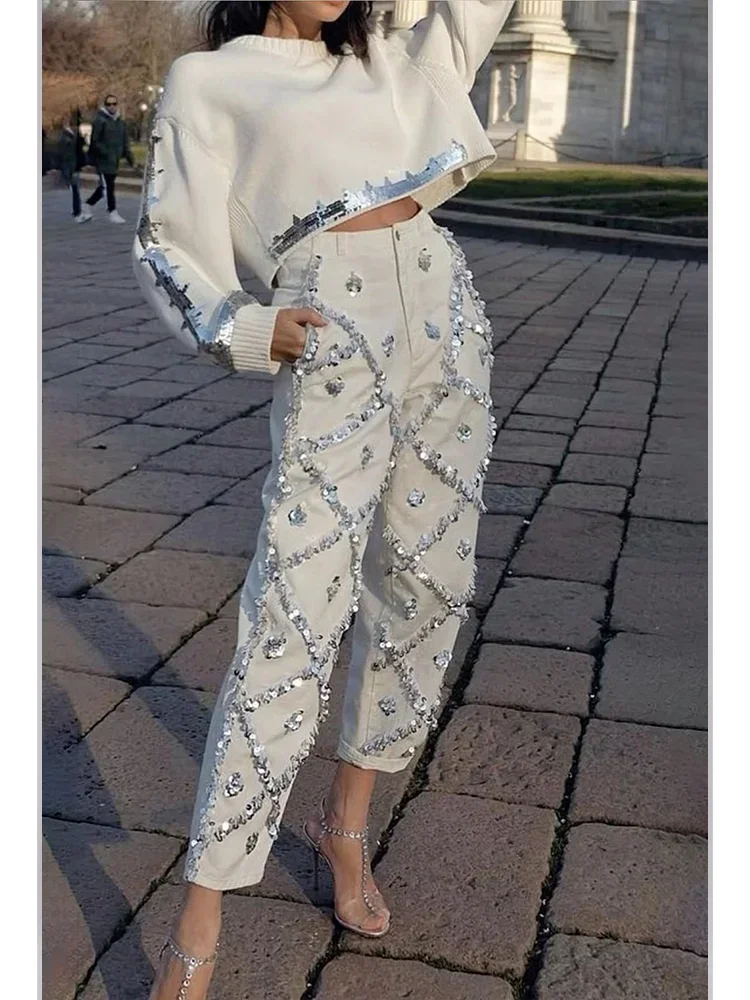 

Sequin Decor Straight Leg Denim Jeans for Women High Wait Elegant Casual Pockets Vintage Diamond Denim Pencil Pants Trousers