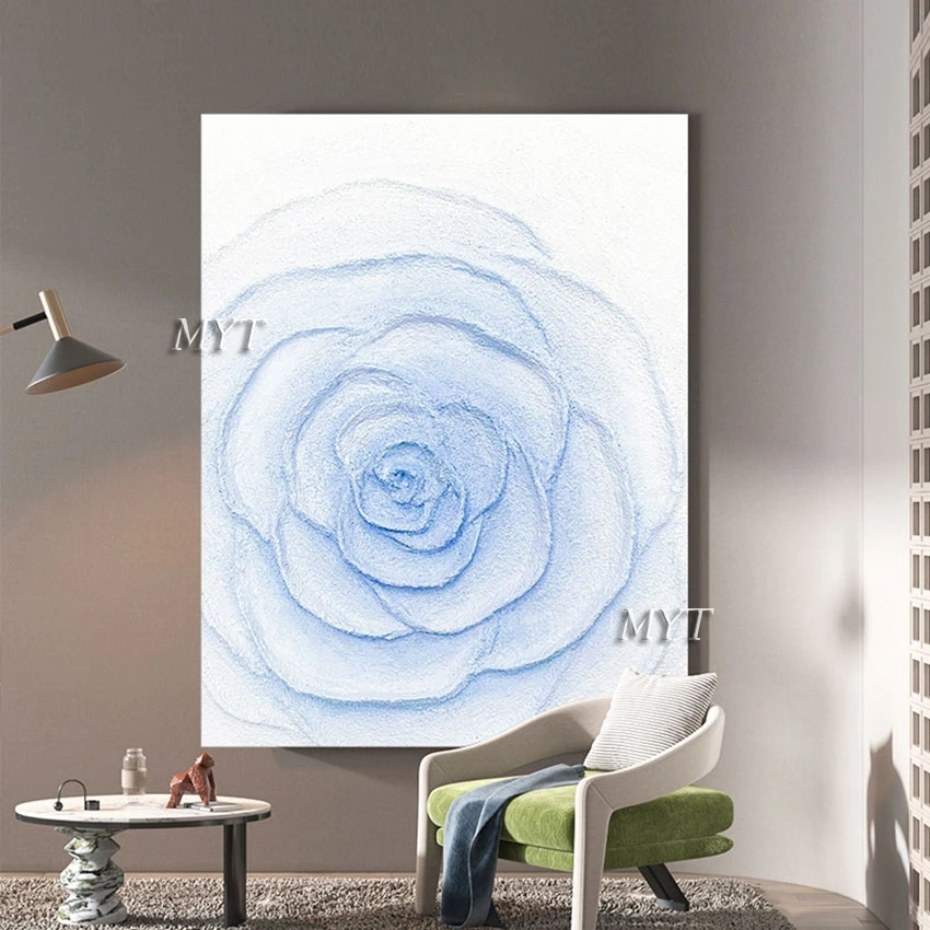 

Large Flower Oil Paintings Canvas Art Modern Abstract Art Painting Simple White Blue Acrylic Texture Rose Unframed Wall Picture