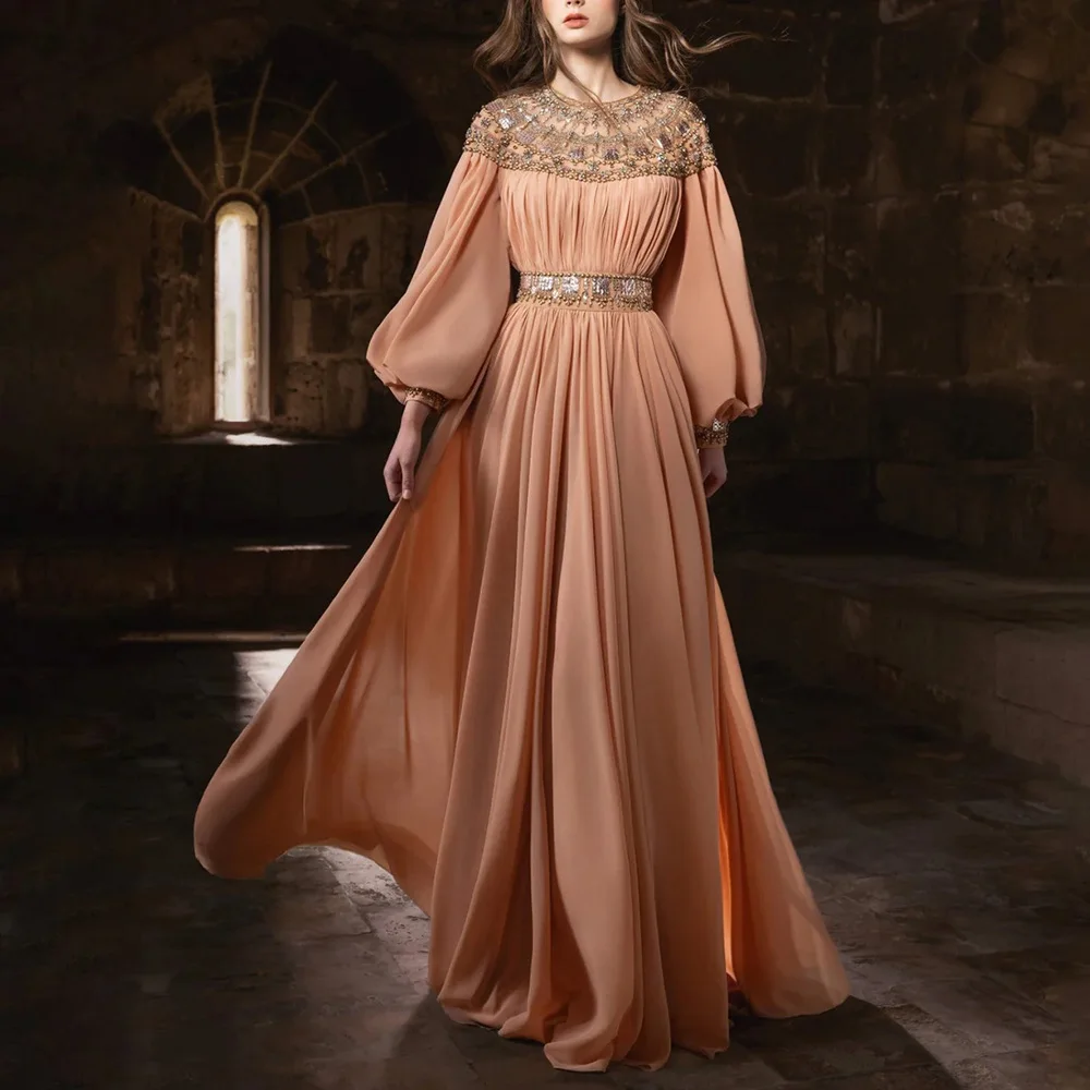 Woman Evening Dress Customized Round Neck Puff Sleeves Pearls Stones Chiffon Sweep Train Prom Gown Abaya Party Dresses