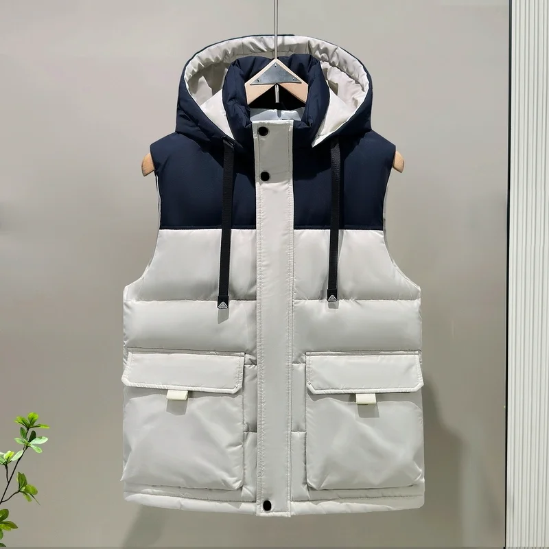 

Men's Zipper Pocket Contrast Color Sleeveless Cardigan Button Hooded Fashion Casual Top