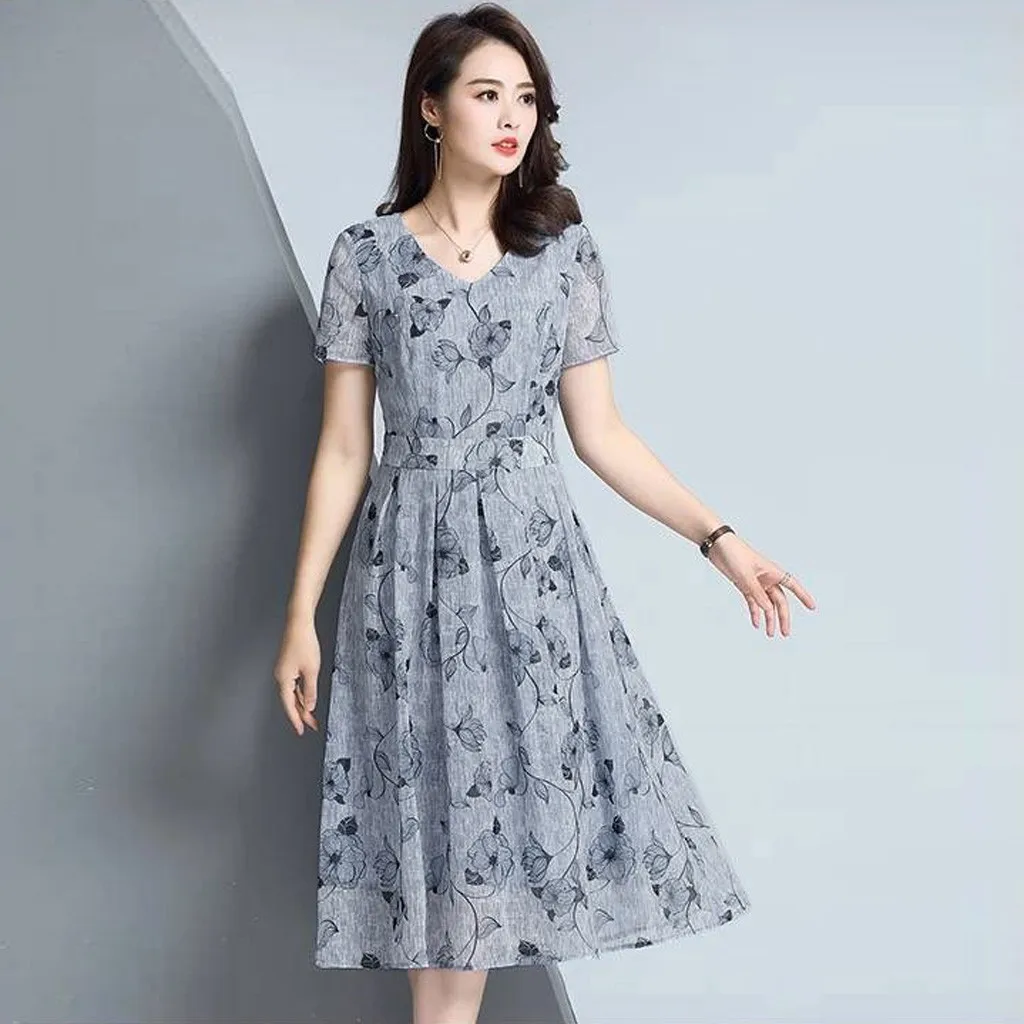 

Chiffon Short Sleeve Dress 2024 Summer Elegance Flower Print V Neck Slim Fit Long Dresses Chic Vintage A-Line Party Vestidos