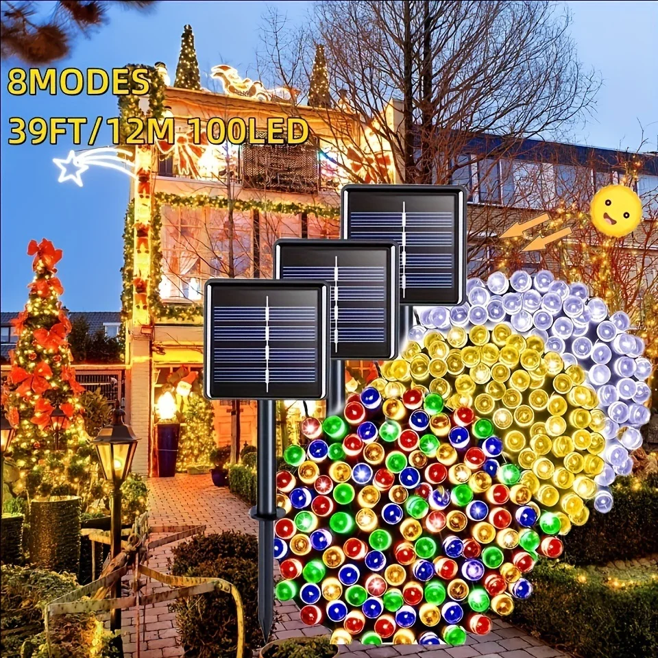 100 LED Solar Fairy Lights - 39ft Outdoor Garland with 8 Modes, Garden Decor for Holiday season & Parties, Available in White/Wa