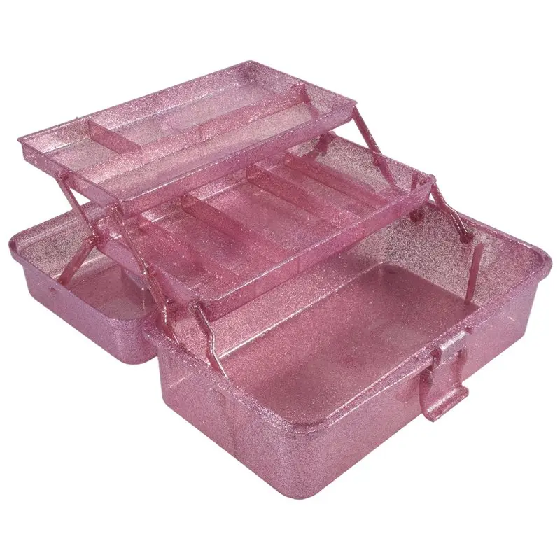 A74E-Glitter Pink & Craft Tool Storage Box,3-Layer Stackable Carry Tackle Box Sewing Box Organizer For Art