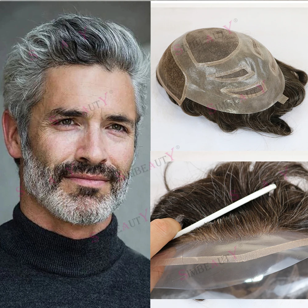 #1b65 #565 Grey Hair Toupee For Men Swiss Lace Front & PU Human Hair Replacement System Male Hairpieces Breathable Prosthesis