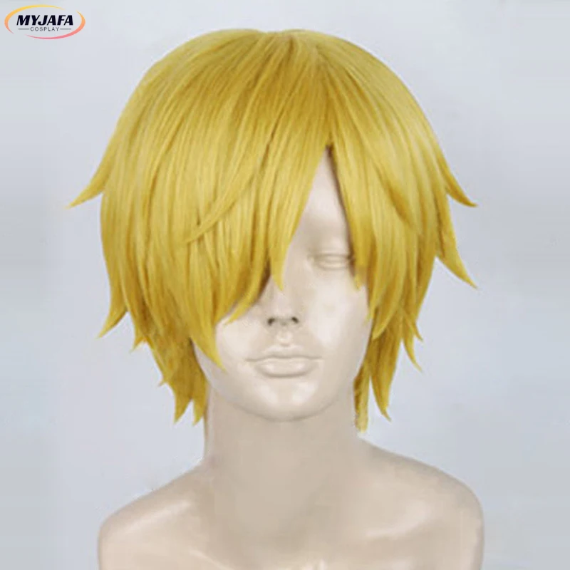 High Quality Anime Sanji Cosplay Wig Sanji Wig Short Straight Golden Yellow Heat Resistant Synthetic Hair Wigs + Wig Cap