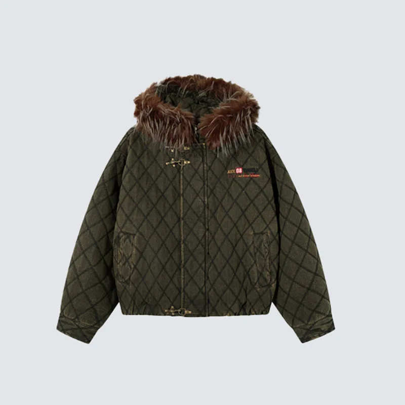 American Retro Diamond Patterned Washed Cotton Jacket With Detachable Fur Collar Metal Buckle Hooded Jacket Loose Warm Jacket