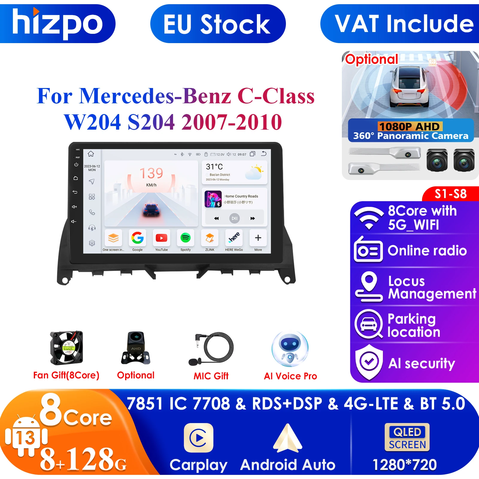 8GB 128GB Car AutoRadio Android Multimedia Screen for Mercedes Benz C-Class W204 S204 2007 2008 2009 2010 GPS Navigation Stereo