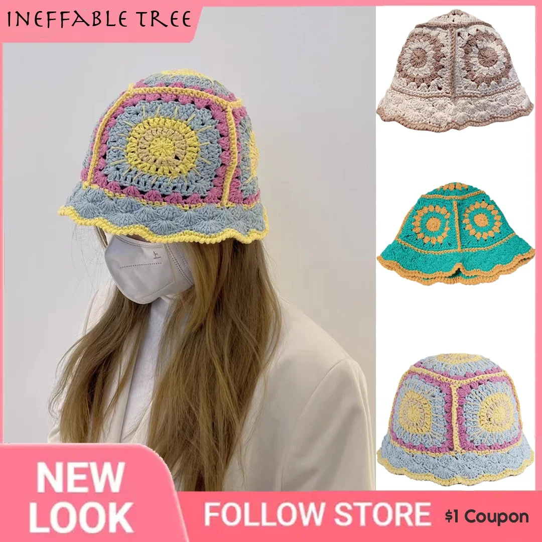 

Korea Summer Women Hollow Flower Knitted Fisherman Hat Handmade Crochet Matching Spring Sunscreen Sun Basin Hats Female Panama