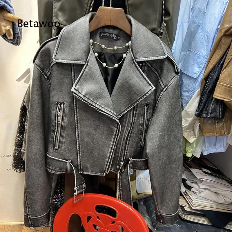Women American Retro Lapel PU Leather Cropped Coat Loose Versatile Vintage Biker Jacket Fashion Outerwear