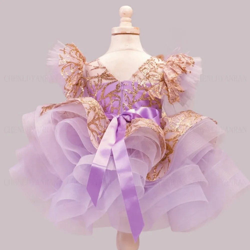 

Purple Flower Girl Dress Tulle Short Girls Princess Wedding Party Dress Lace Applique Feather First Communion Gowns Kids Gift