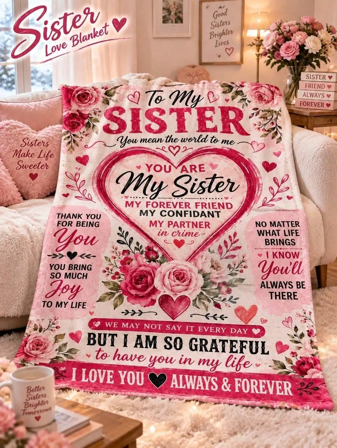Sister Roses Heart Appreciation Flannel Blankets Sofa Bed Throw Home Decor Bedroom Living Room Christmas Halloween Thanksgiving Birthday Anniversary Housewarming Gift Family Friends Guestroom Lounge Apartment Winter Holiday Seasonal Travel Couch
