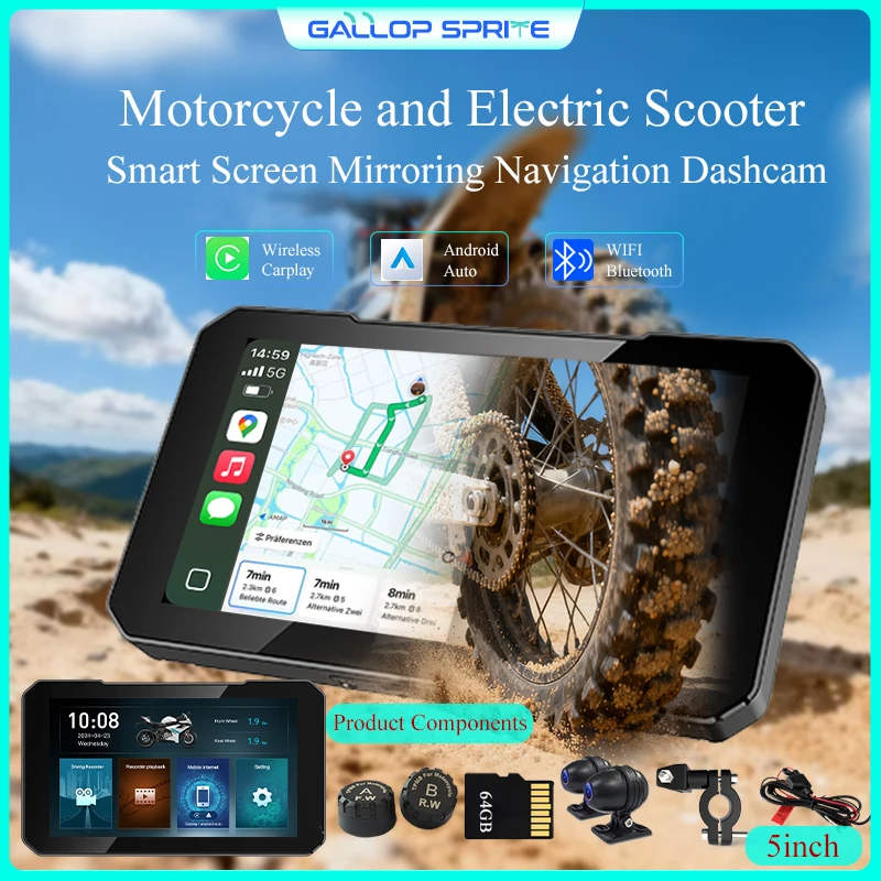 جالوب سبرايت 5 بوصة للدراجات النارية نظام تحديد المواقع والملاحة اللاسلكية CarPlay أندرويد السيارات IPX7 مقاوم للماء DVR محرك مسجل موتو مراقب