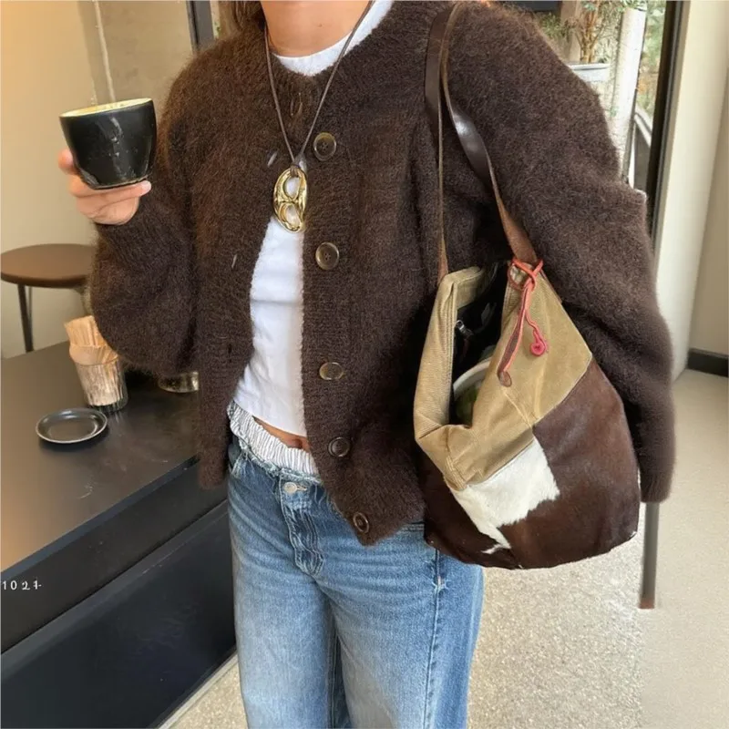 

Autumn Lady Elegant Knitwear Casual Solid Knitted Sweater Women Street Single Breasted O-neck Full Sleeve Loose Female Cardigan