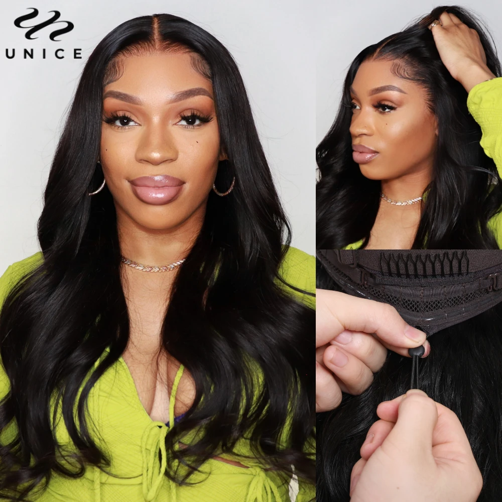 UNICE Hair Drawstring 13x4 Lace Frontal Human Hair Wig Pre Cut Pre Bleached Peel & Stick Body Wave Lace Front Wig 150% Density