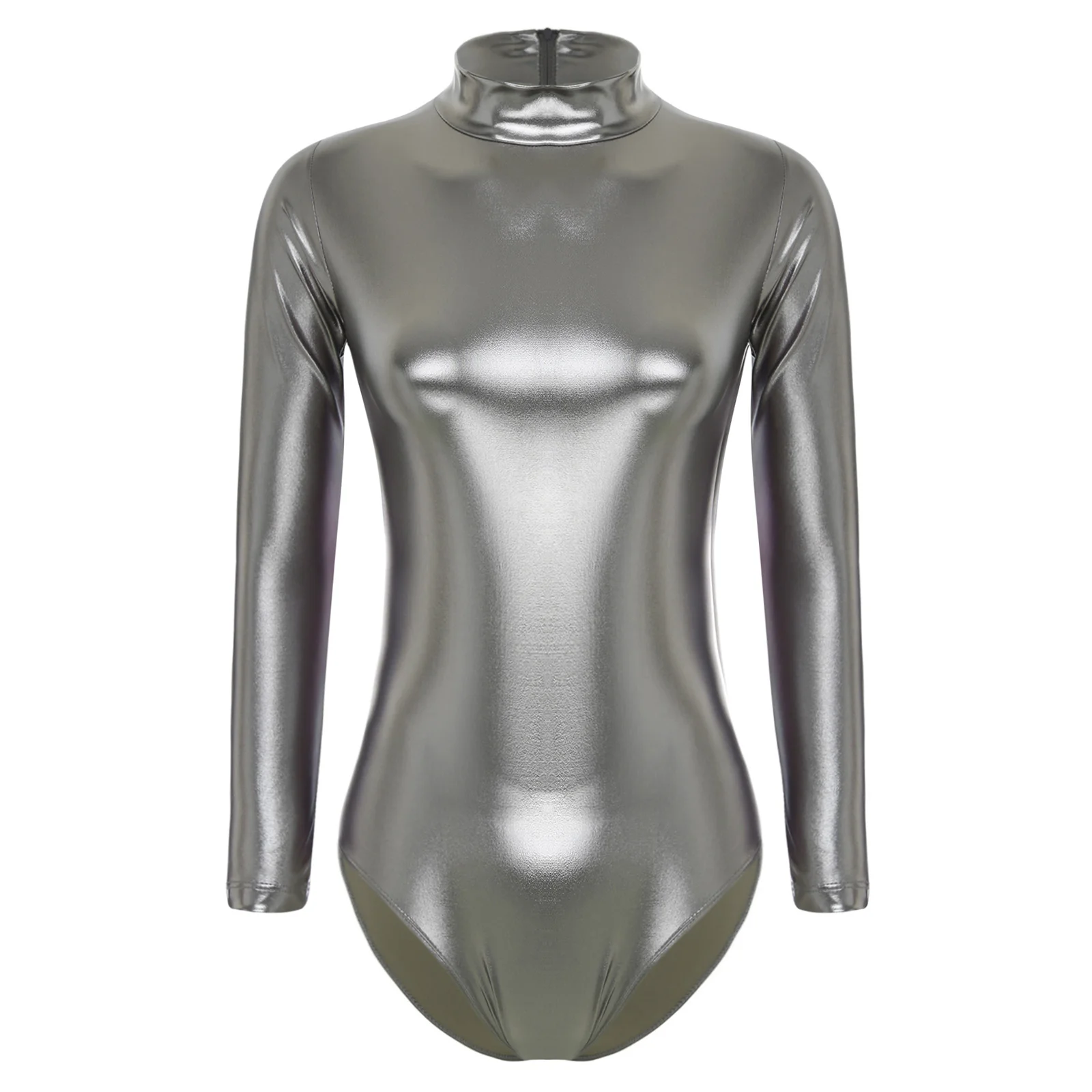 Womens Metallic Shiny Athletic Ballet Leotard Bodysuit Long Sleeve Bodycon Jumpsuit Yoga Fitness One-Piece Ballet Dancewear