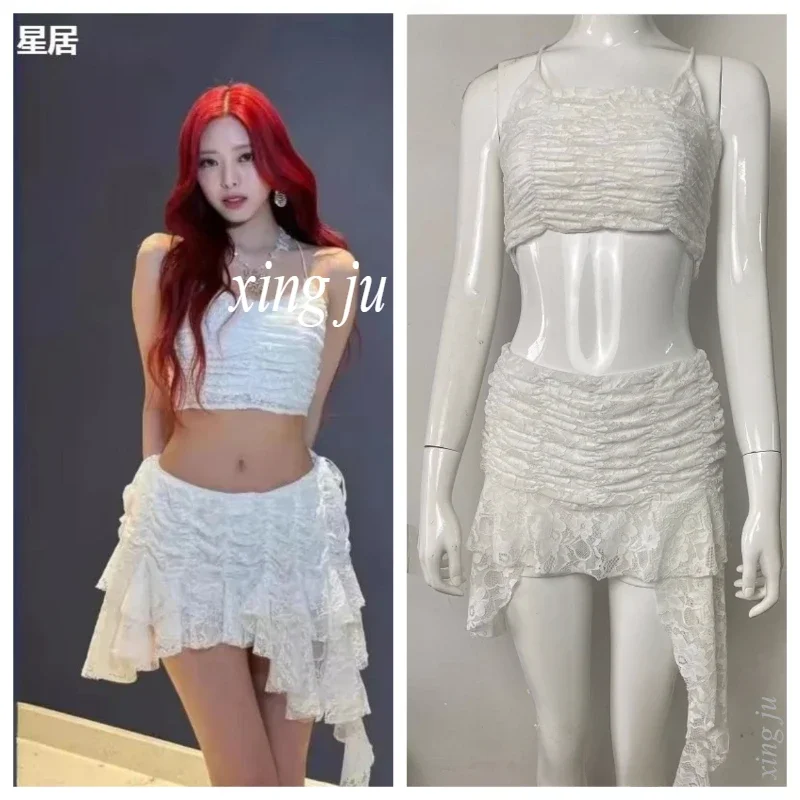 

Women Group Jazz Dance Costume White Lace Sling Tops Kpop Irregular Skirt Outfits Hip Hop Clothing Nightclub Party Dancer Wear
