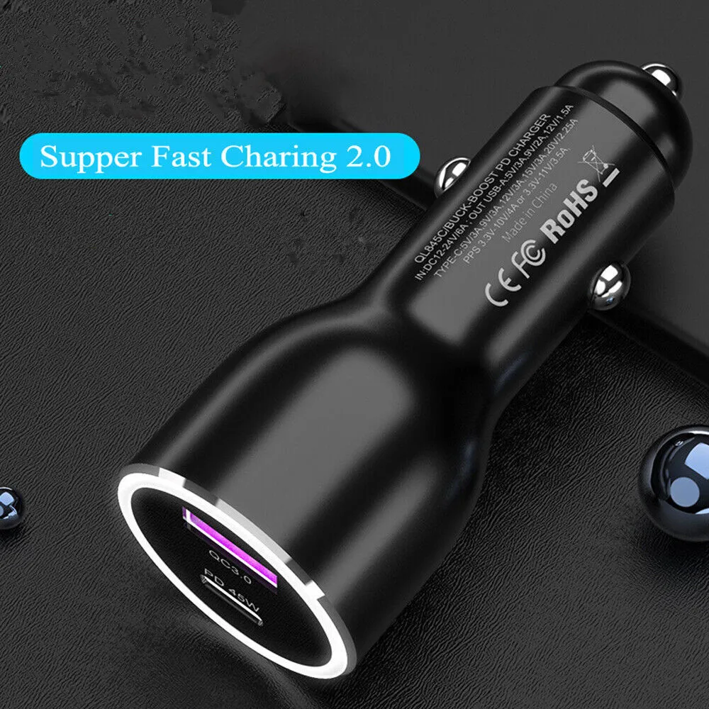 

45W Dual USB Car Charger 30W LED PD QC 3.0 Fast Phone Charge Adapter For iPhone 13 12 X iPad Samsung Xiaomi Huawei Car-Charger