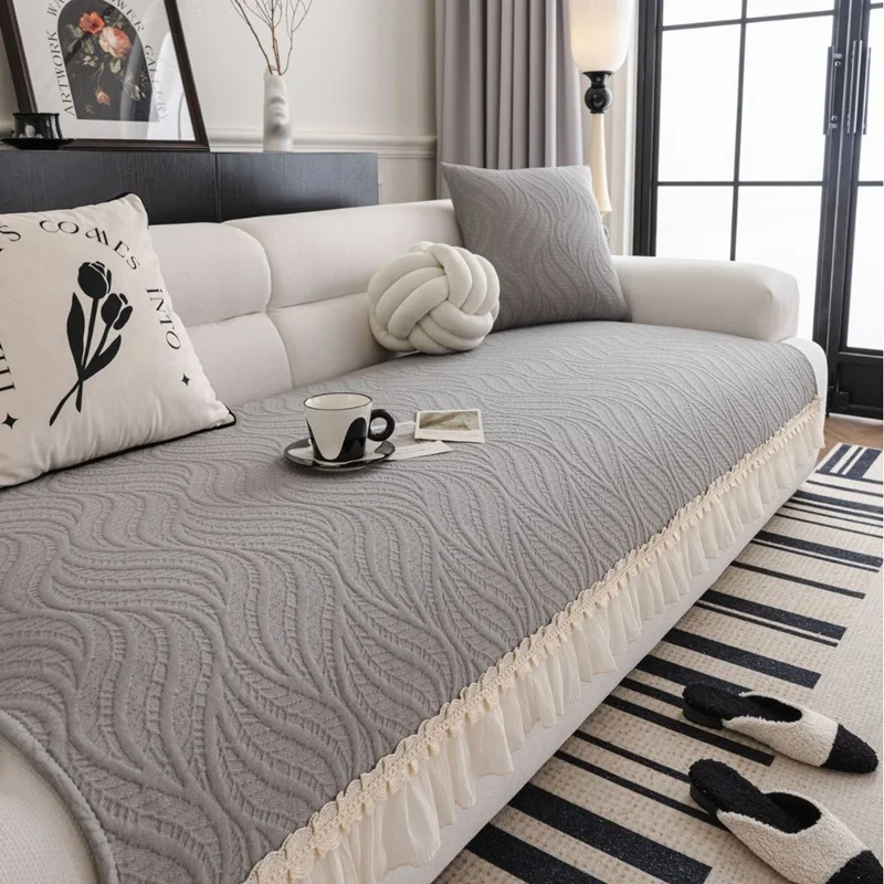 Cream Style Cotton Sofa Cushion Covers with Lace Edge Universal All Seasons Non-slip Sofa Towel Solid Color Seat Pad Home Decor