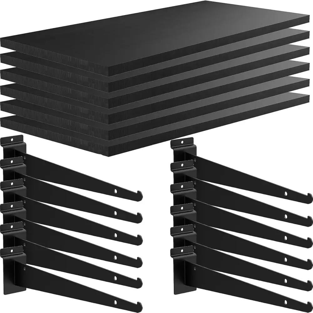 

Набор из 6 деревянных полок для стеллажей Slatwall, 24 x 12 дюймов, с металлическими кронштейнами, сверхпрочные полки-органайзеры для стеллажей Slatwall, аксессуары или комплектующие.