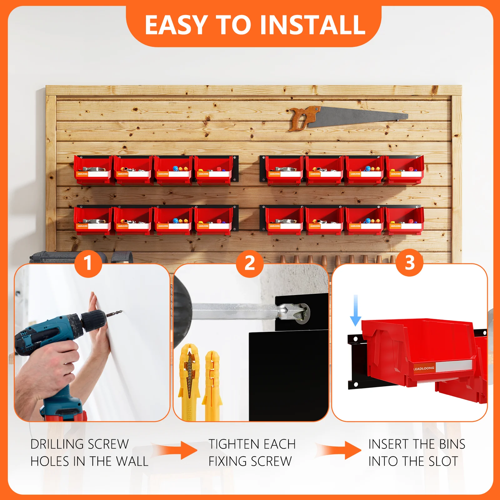 LEADLOONG Durable Wall Mount Organization 49.7*11.4 CM/19.6*4.5 INCH Metal Pegboard For Parts Bin Organizere
