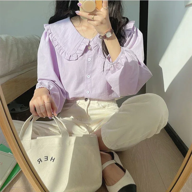 Sweet Peter Pan Collar Shirt Women Vintage Long Sleeve Blouse Female Preppy Style Yellow Blue Loose Buttons Youth Tops 2023 Y2k