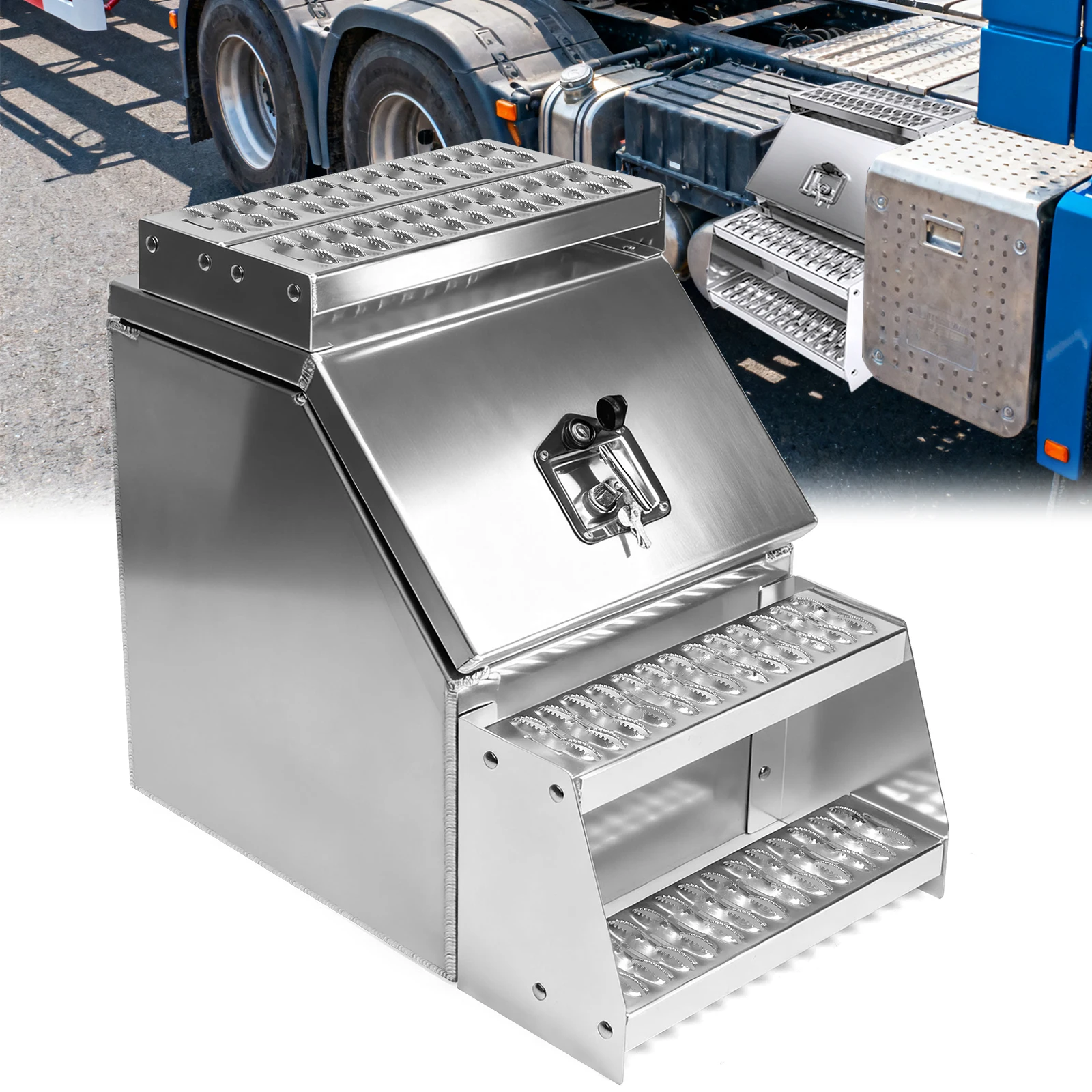 

18in Aluminum Semi Truck Side Mount Tool Box 17.99x27.99x25in Saddle Step Box Tool Box for Semi Trailer Truck Frame Step Fit